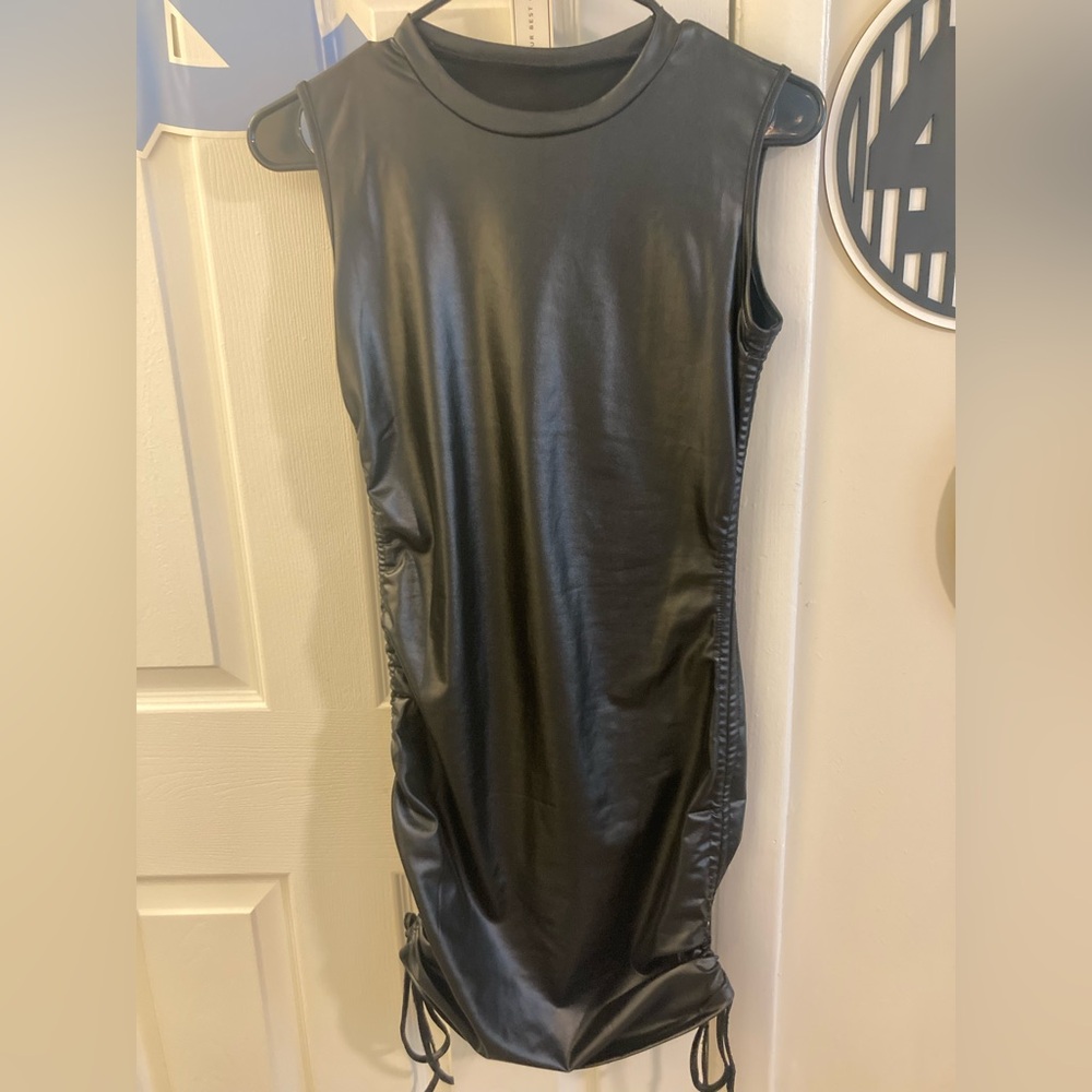 Black Faux Leather Sleeveless Dress